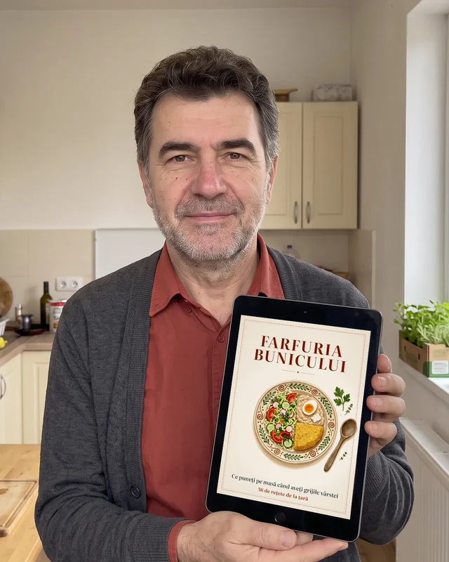 Silviu Comarnic în bucătărie, cu cartea pe tabletă